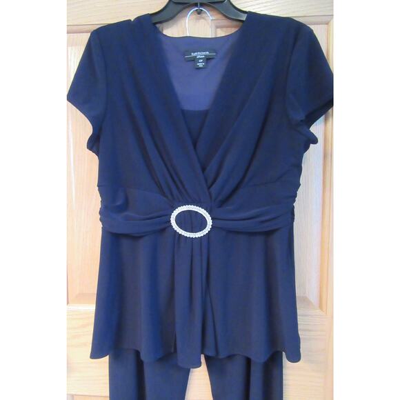 R & M Richards Pants Suit Navy Blue Short Sleeve Rusche'd Embellished Womens 12P - Picture 2 of 14
